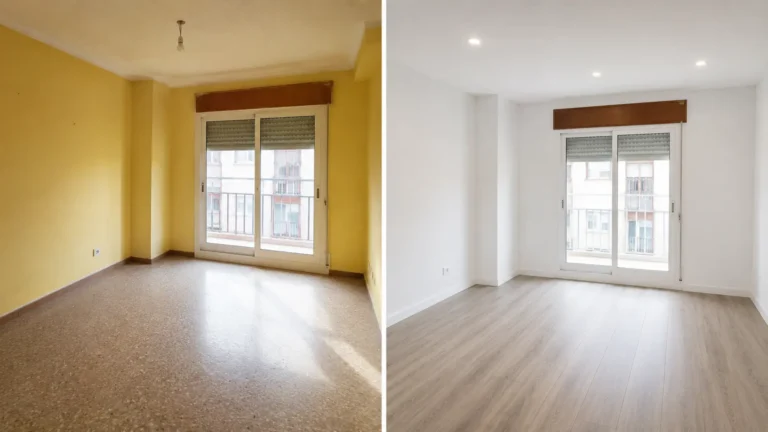 Antes y después de pintura interior en salón de vivienda con paredes renovadas y acabado profesional en Lleida