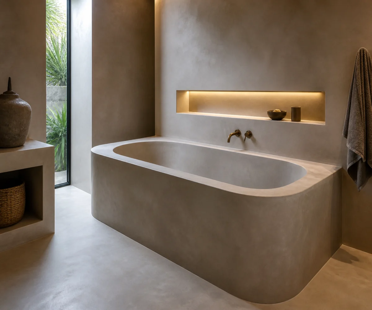 Baño moderno con acabado de microcemento realizado por profesionales en Lleida