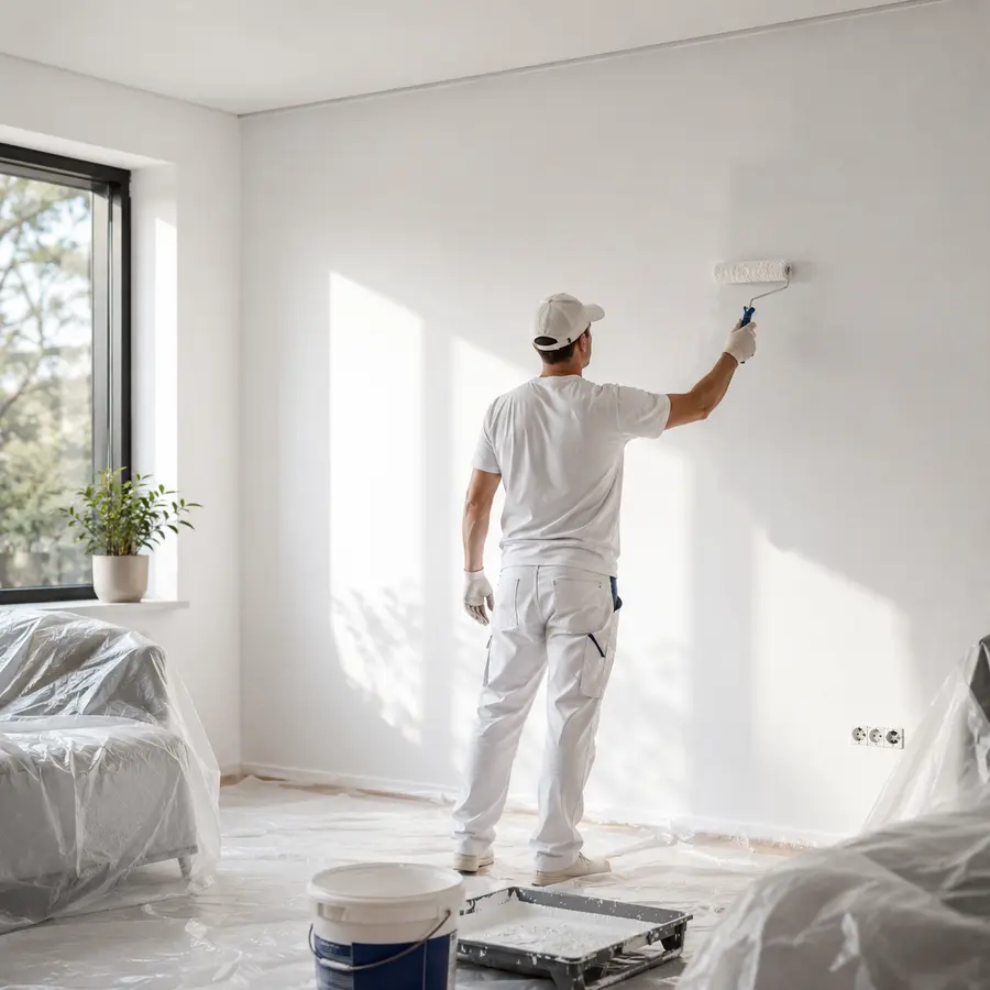 Pintor profesional trabajando en una vivienda de Lleida realizando trabajos de pintura interior
