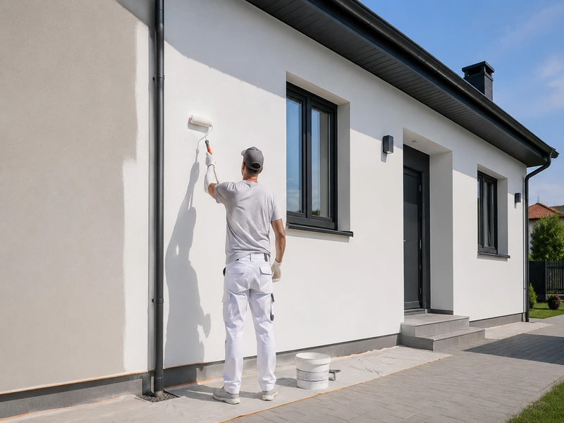Pintor profesional realizando trabajos de pintura exterior en una vivienda de Lleida