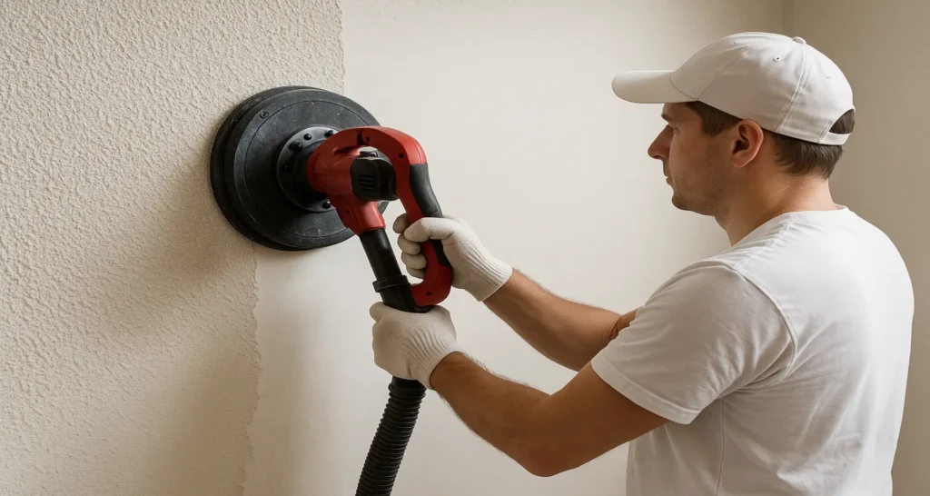 Profesional eliminando gotelé y alisando una pared en Lleida